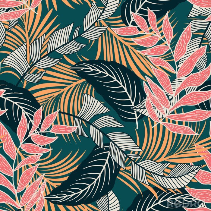 Behang Trend seamless pattern with colorful tropical leaves and plants on green background. Vector design. Jungle print. Flowers background. Printing and textiles. Exotic tropics. Fresh design.