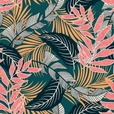 Behang Trend seamless pattern with colorful tropical leaves and plants on green background. Vector design. Jungle print. Flowers background. Printing and textiles. Exotic tropics. Fresh design.