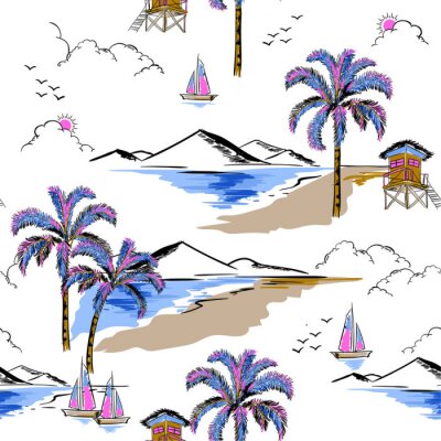 Behang Trendy Hawaiiaan in het patroonvector van het zoete kleuren naadloze eiland. Landschap met palmbomen, strand en oceaan vector hand getrokken stijl