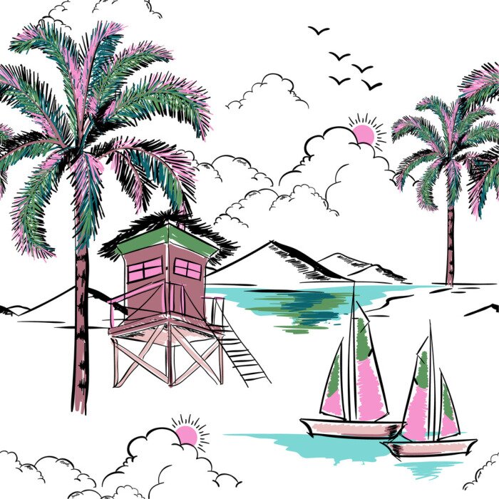 Behang Trendy Hawaiiaan in het patroonvector van het zoete kleuren naadloze eiland. Landschap met palmbomen, strand en oceaan vector hand getrokken stijl