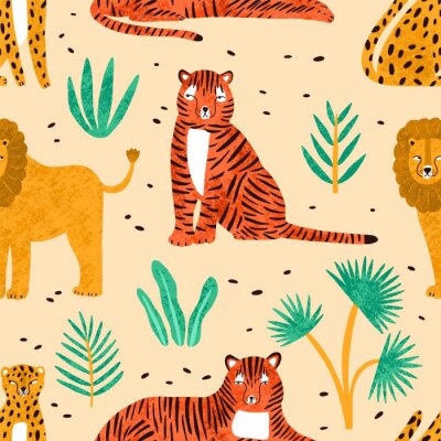 Behang Trendy naadloos patroon met hand getrokken leeuwen, tijgers, luipaarden en bladeren van tropische planten op lichte achtergrond. Achtergrond met schattige wilde exotische roofdieren. Kleurrijke vector