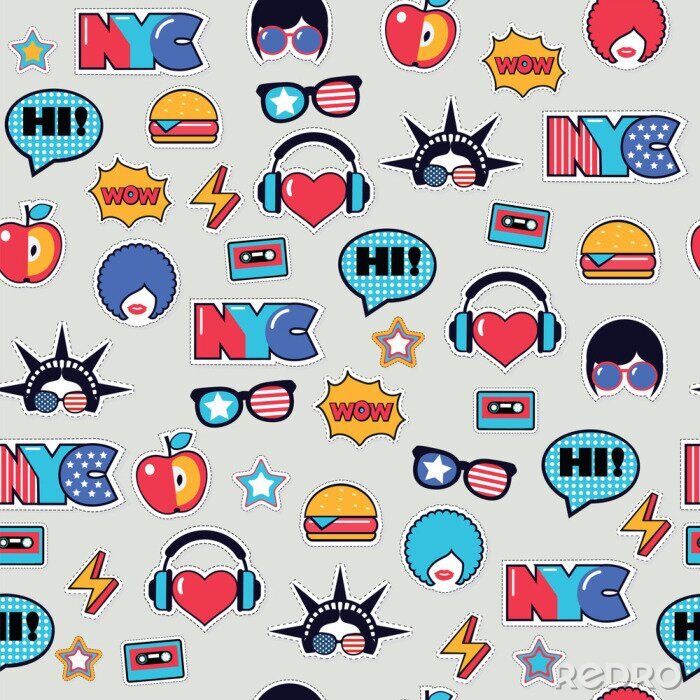 Behang trendy pop-art naadloze Amerikaanse patroon met patches en stickers