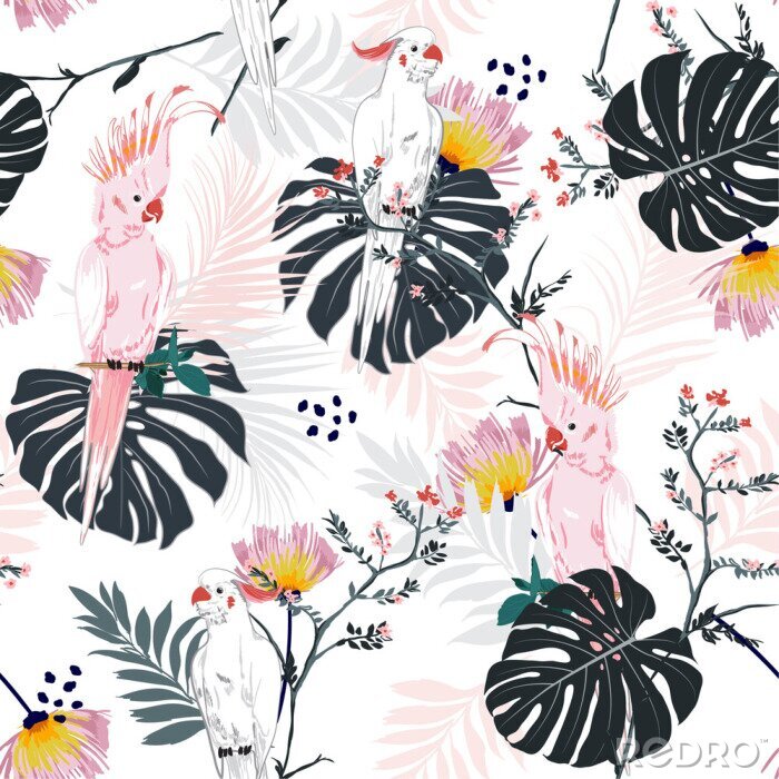 Behang Trendy summer Tropical floral print. Parrot bird in the jungle and flowers in the exotic forest  allover design, seamless pattern vector for fashion ,wallpaoer and all prints