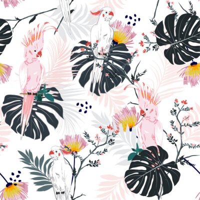 Behang Trendy summer Tropical floral print. Parrot bird in the jungle and flowers in the exotic forest  allover design, seamless pattern vector for fashion ,wallpaoer and all prints