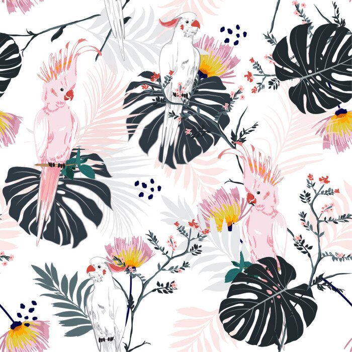 Behang Trendy summer Tropical floral print. Parrot bird in the jungle and flowers in the exotic forest  allover design, seamless pattern vector for fashion ,wallpaoer and all prints