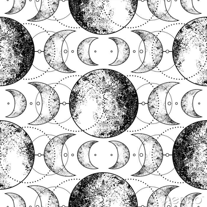 Behang Triple moon pagan Wicca moon goddess symbol. Three-faced Goddess: Maiden – Mother – Crone vector illustration. Tattoo, astrology, alchemy, boho and magic symbol. Seamless pattern.