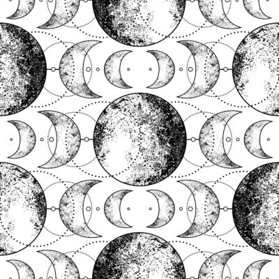 Behang Triple moon pagan Wicca moon goddess symbol. Three-faced Goddess: Maiden – Mother – Crone vector illustration. Tattoo, astrology, alchemy, boho and magic symbol. Seamless pattern.