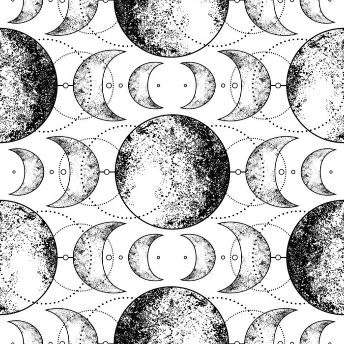 Behang Triple moon pagan Wicca moon goddess symbol. Three-faced Goddess: Maiden – Mother – Crone vector illustration. Tattoo, astrology, alchemy, boho and magic symbol. Seamless pattern.