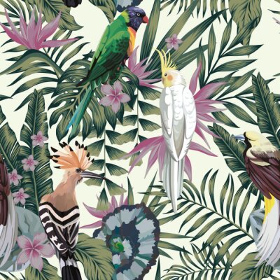 Behang Tropical birds plants leaves flowers abstract color seamless background