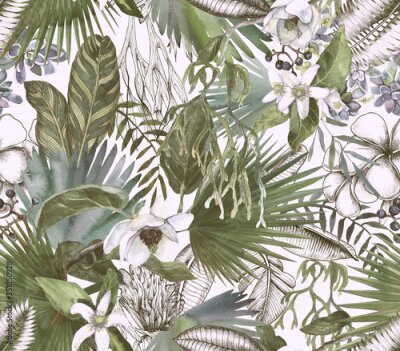 Behang Tropical black and white print with watercolor color spots. Tropical background with flowers and leaves.