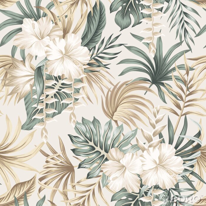 Behang Tropical floral foliage palm leaves, hibiscus flower seamless pattern beige background. Exotic jungle wallpaper.