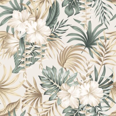Behang Tropical floral foliage palm leaves, hibiscus flower seamless pattern beige background. Exotic jungle wallpaper.