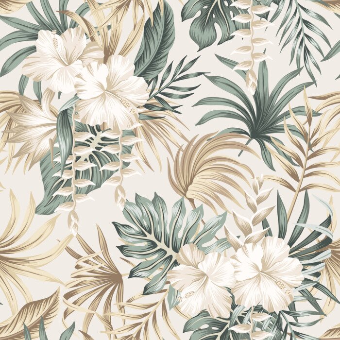 Behang Tropical floral foliage palm leaves, hibiscus flower seamless pattern beige background. Exotic jungle wallpaper.