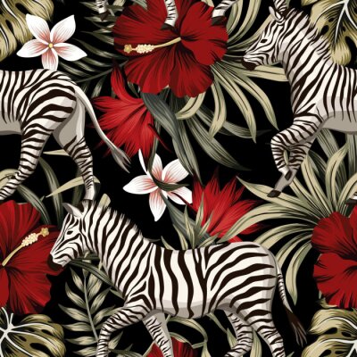 Tropical floral hawaiian palm leaves, hibiscus flower, zebra animal seamless pattern black background. Exotic jungle wallpaper.