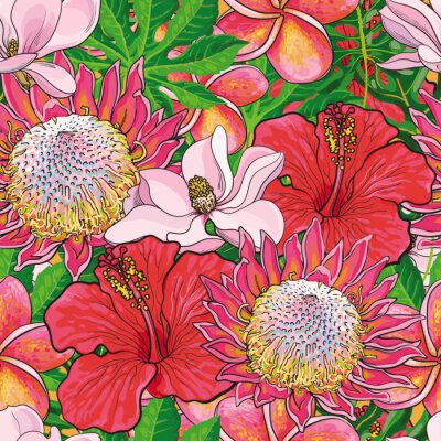 Behang Tropical flowers seamless pattern with hand drawn exotic blooms of hibiscus, protea, magnolia and plumeria with green palm leaves. Colorful floral vector illustration in sketch style.