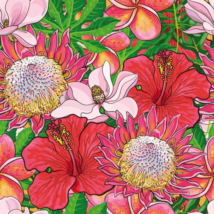 Behang Tropical flowers seamless pattern with hand drawn exotic blooms of hibiscus, protea, magnolia and plumeria with green palm leaves. Colorful floral vector illustration in sketch style.