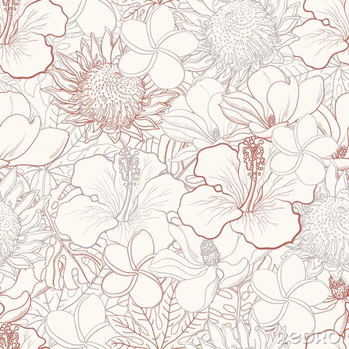 Behang Tropical flowers seamless pattern with white hand drawn exotic blooms of hibiscus, protea, magnolia and plumeria and palm leaves with colorful line contour. Floral vector illustration in sketch style.
