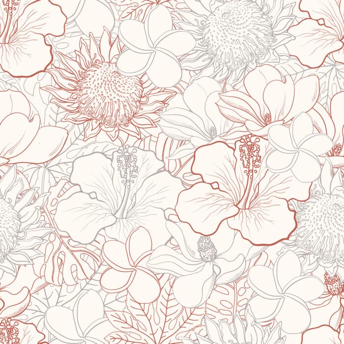 Behang Tropical flowers seamless pattern with white hand drawn exotic blooms of hibiscus, protea, magnolia and plumeria and palm leaves with colorful line contour. Floral vector illustration in sketch style.