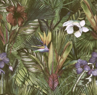 Behang Tropical leaves hand-drawn by watercolor. Seamless tropical pattern. Stock illustration