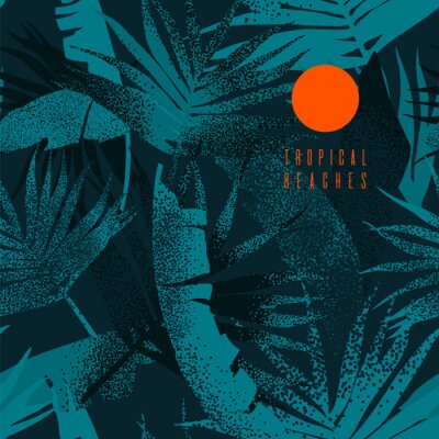 Behang Tropical leaves pattern. Seamless texture with banana leaves and palm tree leaf. Banner for the travel and tourism industry, summer season. Dark blue floral design element.