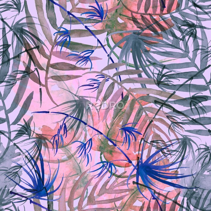 Behang Tropical leaves.Watercolor leaves of a tree, palms, bamboo, nettle, abstract splash. Watercolor abstract seamless background, pattern, spot, splash of paint, blot, divorce, color. Tropic pattern.