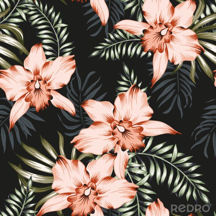 Behang Tropical orchid flowers and palm leaves bouquets, black background. Vector seamless pattern. Jungle foliage illustration. Exotic plants. Summer beach floral design. Paradise nature