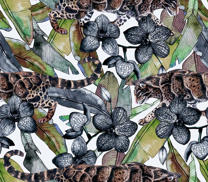Behang Tropical pattern with clouded leopard and tropical flowers. Seamless pattern with orchids and wild cat.