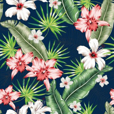 Behang Tropical pink orchid, white hibiscus flowers, banana palm leaves, navy background. Vector seamless pattern. Jungle foliage illustration. Exotic plants. Summer beach floral design. Paradise nature