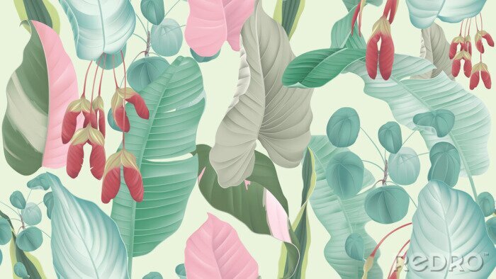 Behang Tropical plants seamless pattern, tropical foliage and Red maple seeds on light green background, pastel vintage theme