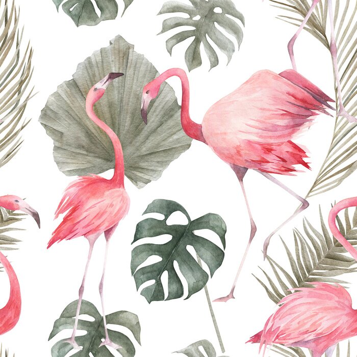 Behang Tropical seamless pattern with flamingo and leaves. Watercolor vintage summer print. Exotic hand drawn illustration