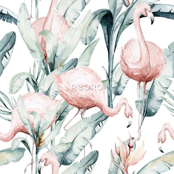 Behang Tropical seamless pattern with flamingo. Watercolor tropic drawing, rose bird and greenery palm tree, tropic green texture, exotic flower