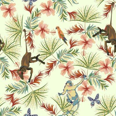 Behang Tropical seamless pattern with flowers, monkey and parrots. Vector floral patch for print