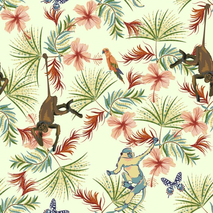 Behang Tropical seamless pattern with flowers, monkey and parrots. Vector floral patch for print
