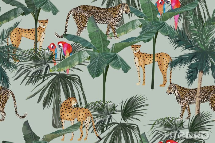 Behang Tropical seamless pattern with palm trees, parrots and leopards. Summer jungle background. Vintage vector illustration. Rainforest landscape