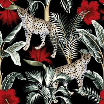 Behang Tropical vintage botanical banana tree, palm tree, red hibiscus flower and leopard floral green palm leaves seamless pattern black background. Exotic jungle wallpaper.