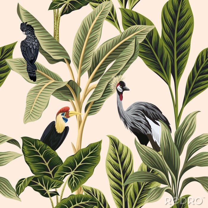 Behang Tropical vintage botanical bird crane, parrot, palm tree, plant, banana tree floral seamless pattern pink background. Exotic jungle wallpaper.