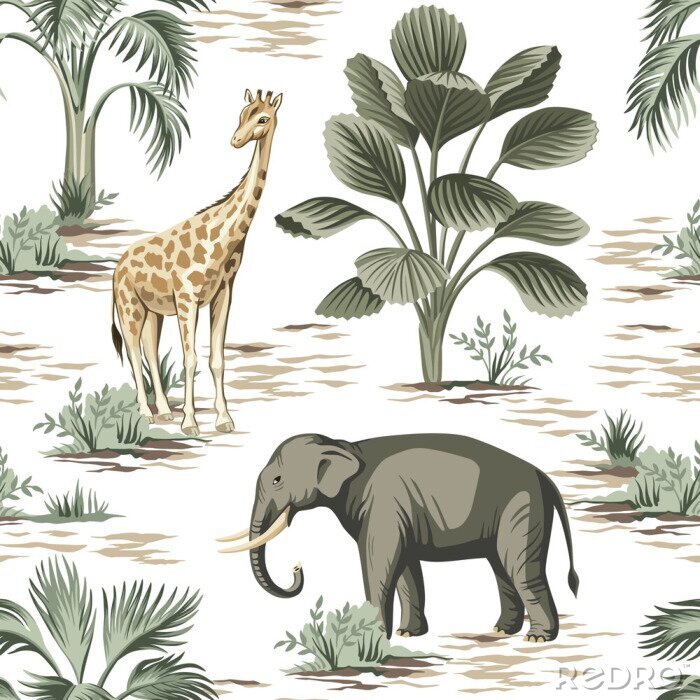 Behang Tropical vintage elephant, giraffe wild animals, palm tree and plant floral seamless pattern white background. Exotic jungle safari wallpaper.