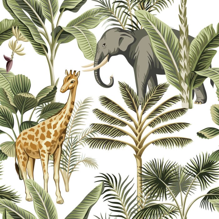 Behang Tropical vintage elephant, giraffe wild animals, palm tree and plant floral seamless pattern white background. Exotic jungle safari wallpaper.
