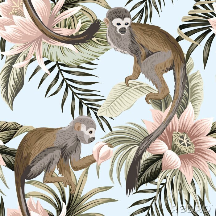 Behang Tropical vintage monkey animal, lotus flower, peach fruit, palm leaves floral seamless pattern blue background. Exotic jungle wallpaper.