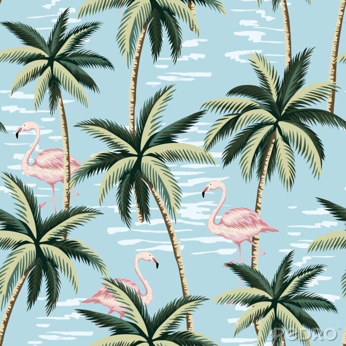 Behang Tropical vintage pink flamingo and palm trees floral seamless pattern blue background. Exotic jungle wallpaper.