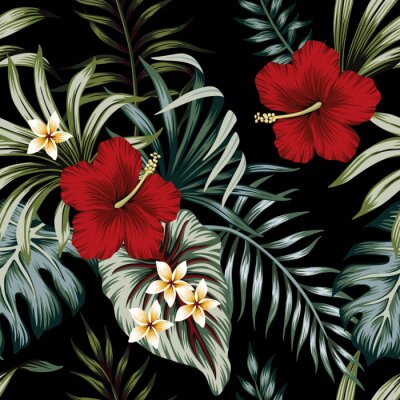 Tropical vintage red hibiscus and strelitzia floral green palm leaves seamless pattern black background. Exotic jungle wallpaper.