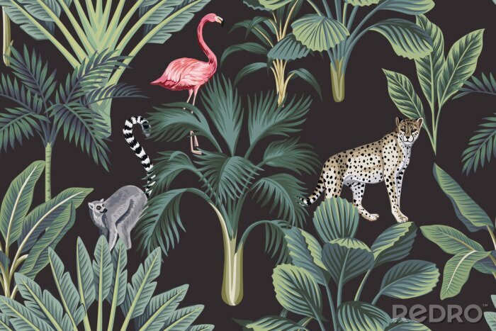 Behang Tropical vintage wild animals, flamingo, palm trees, banana tree floral seamless pattern dark background. Exotic botanical jungle wallpaper.