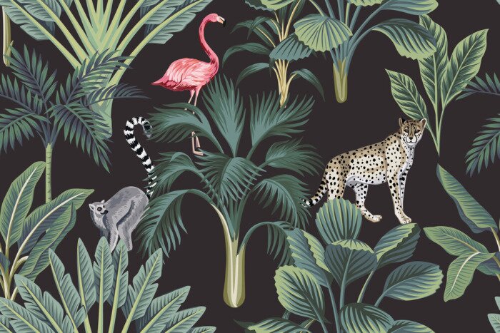Behang Tropical vintage wild animals, flamingo, palm trees, banana tree floral seamless pattern dark background. Exotic botanical jungle wallpaper.