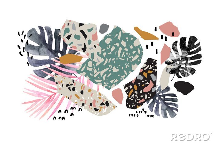 Behang Tropical watercolor leaves, turned edge geometric shapes, terrazzo flooring elements collage