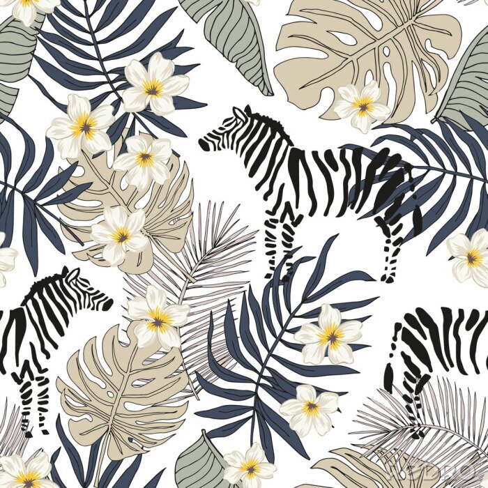 Behang Tropical zebra animal, plumeria flowers, monstera palm leaves, white background. Vector seamless pattern illustration. Summer beach floral design. Exotic jungle plants. Paradise nature