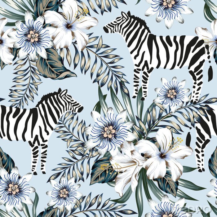 Behang Tropical zebra, palm leaves, hibiscus, passion flowers bouquets, light blue background. Vector seamless pattern. Graphic illustration. Exotic jungle. Summer beach floral design. Paradise nature