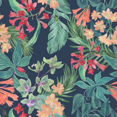 Behang Tropisch bladeren- en bloemenpatroon