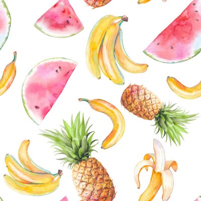 Behang Tropisch fruit ananas bananen aquarel watermeloenen