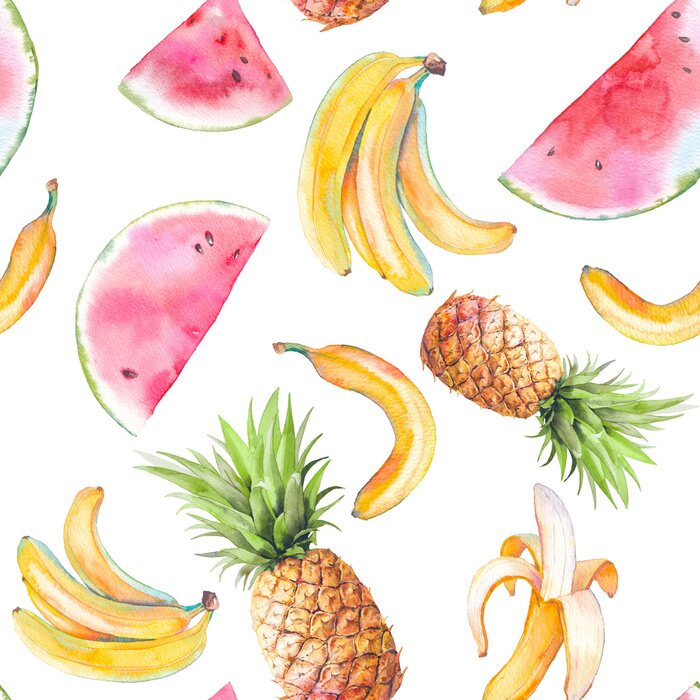 Behang Tropisch fruit ananas bananen aquarel watermeloenen