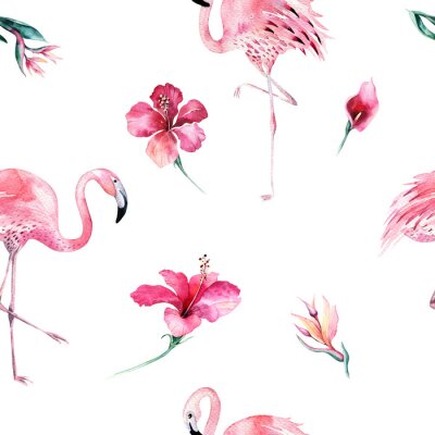 Behang Tropisch geïsoleerd naadloos patroon met flamingo. Waterverf tropische tekening, roosvogel en groen palm, tropische groene textuur, exotische bloem. Aloha set